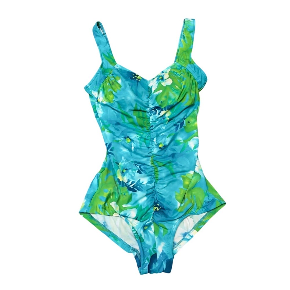 Le Cove Womens Floral Tropical One Piece Swimsuit Turquoise Green Ruched Size 14